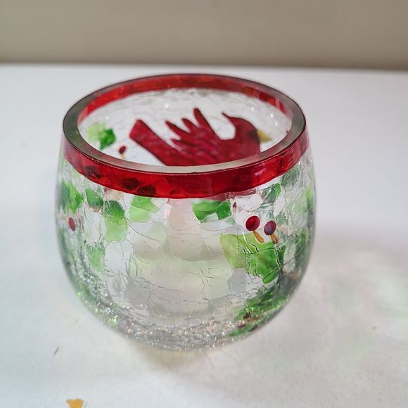 Cardinal With Holly Crackle Glass Votive Tea Light Candle Holder hanpain… - Picture 8 of 12